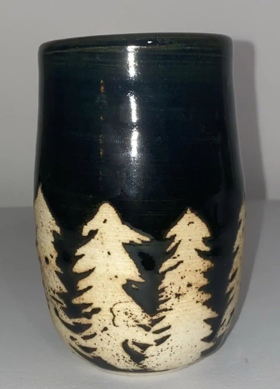 Studio Art Pottery Hand Thrown Glazed Vase/ Pen Holder Black With Trees